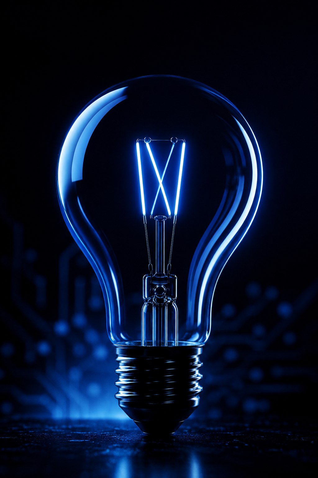 A blue illuminated light bulb against a dark background.