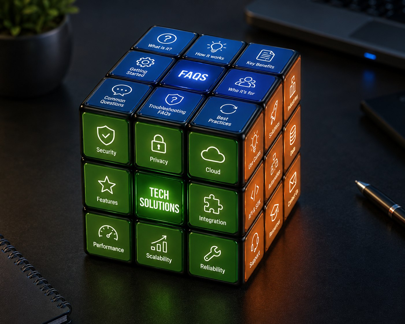 A cube organizing common technology questions and solutions.