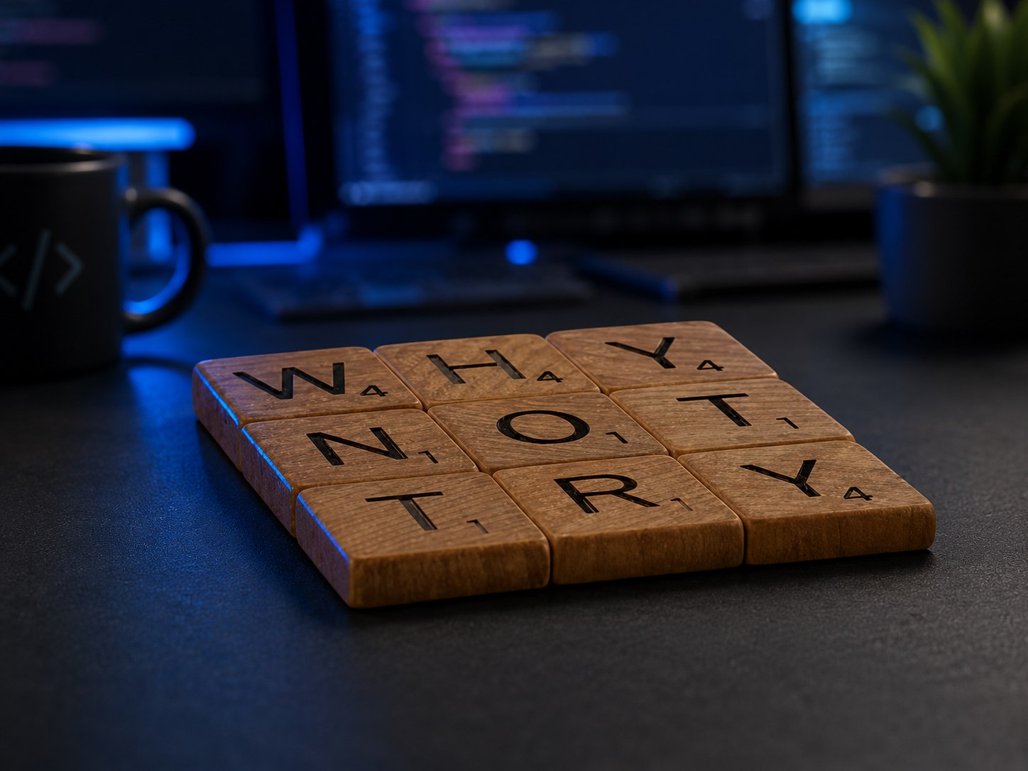 Wooden letter tiles spelling why not try on a calm workspace.