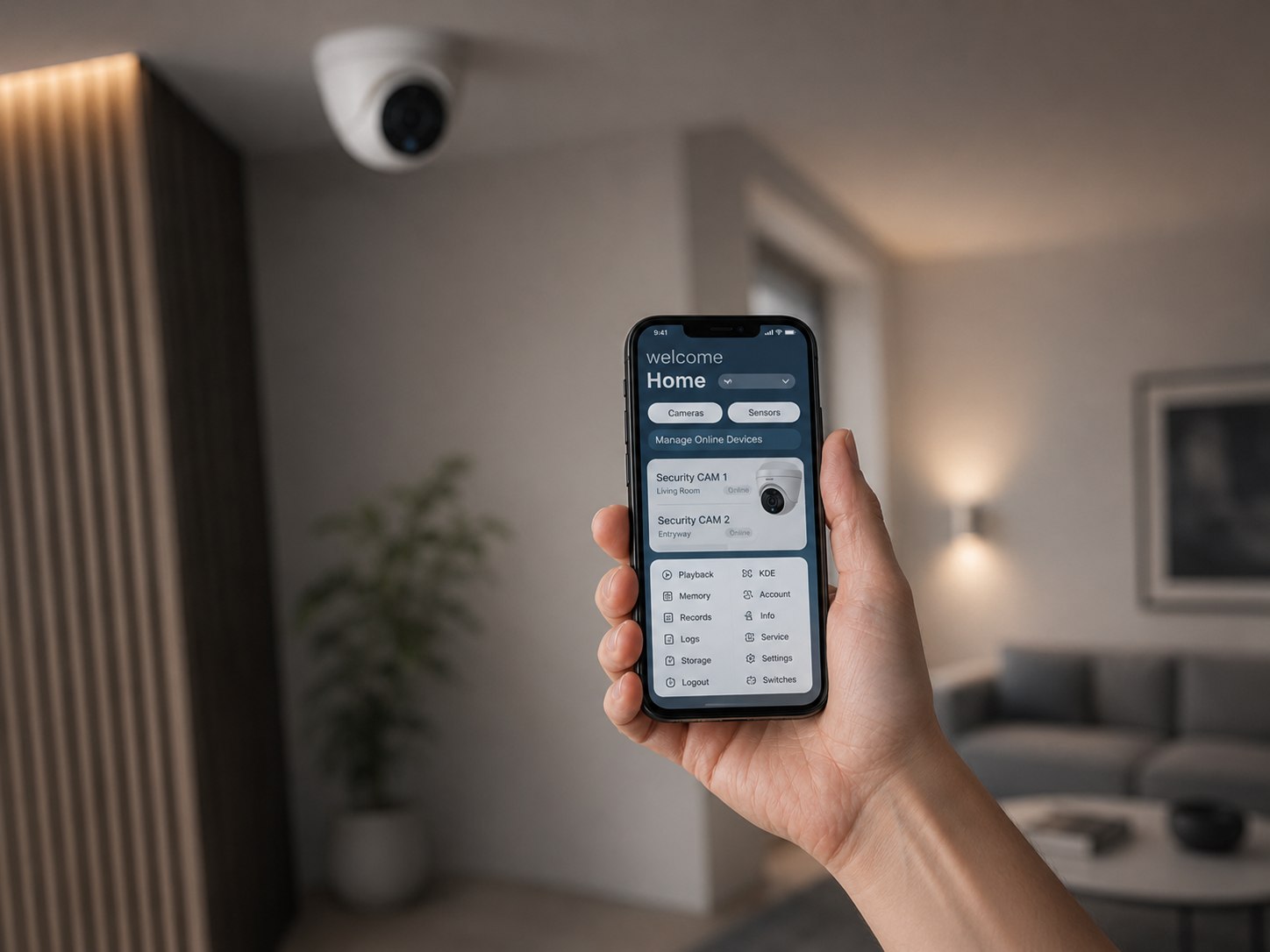 A phone managing connected home cameras.