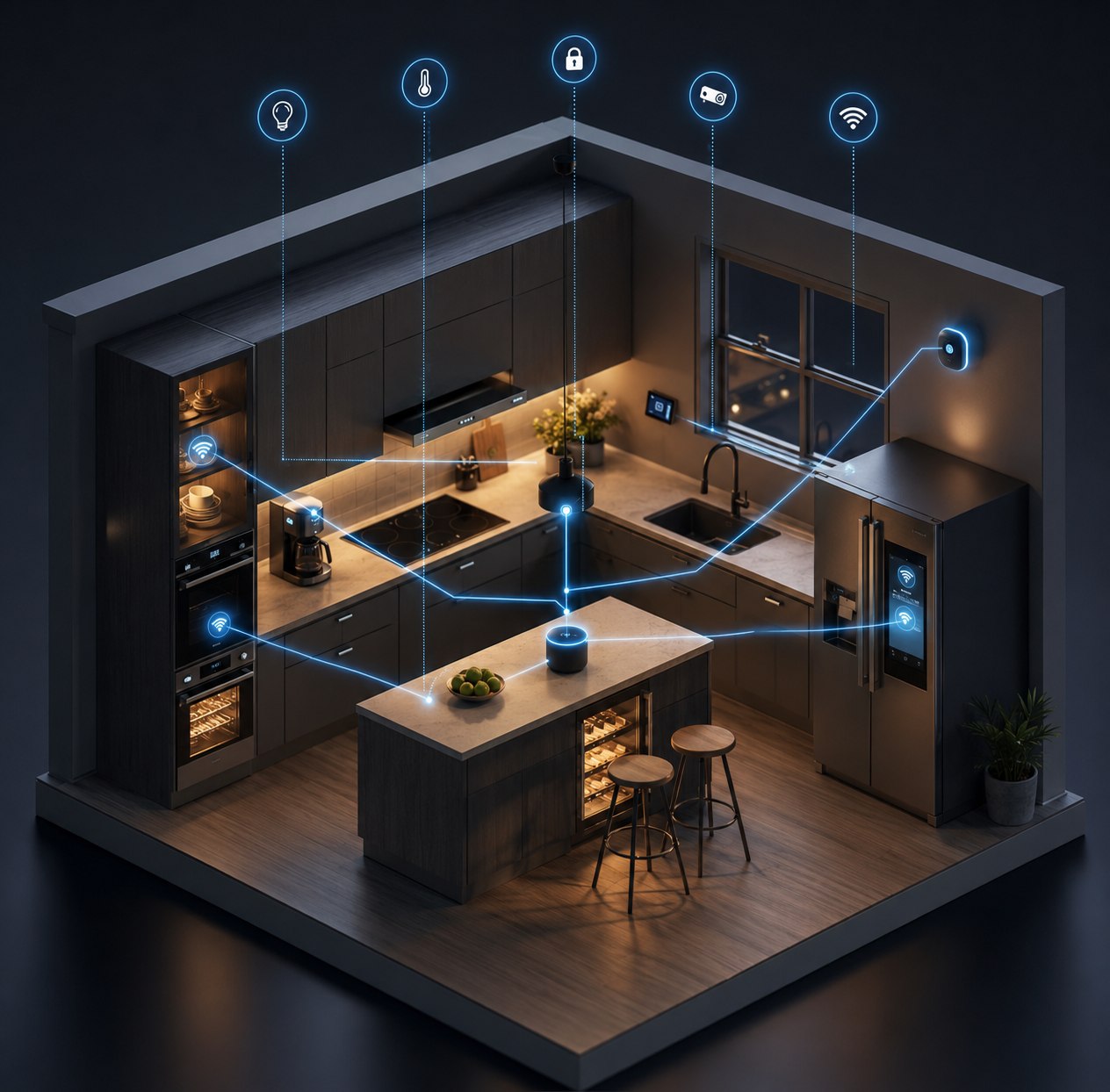 A connected smart-home kitchen with devices working together.